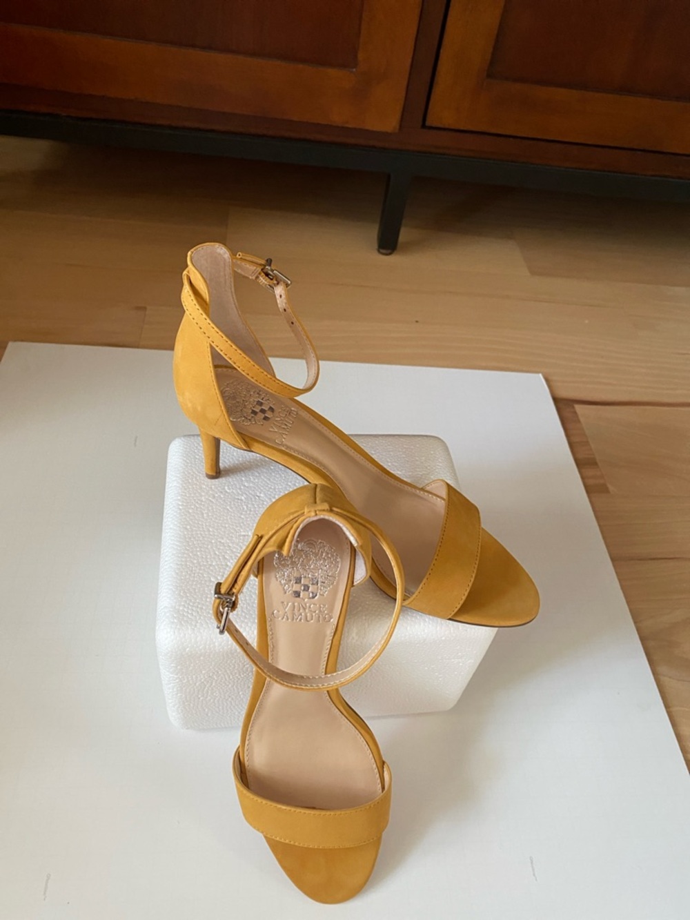 Vince Camuto Mustard Yellow Suede Ankle-Strap Heels